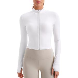 CRZ YOGA Butterluxe Cropped Athletic Jackets for Women – Full Zip Up Track Tops with Thumb Holes Pockets(White)