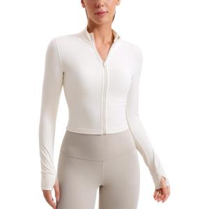 CRZ YOGA Butterluxe Cropped Athletic Jackets for Women – Full Zip Up Track Tops with Thumb Holes Pockets(White Apricot)