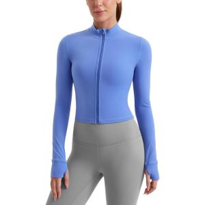 CRZ YOGA Butterluxe Cropped Athletic Jackets for Women – Full Zip Up Track Tops with Thumb Holes Pockets(Wild Indigo)