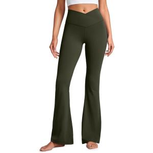 CRZ YOGA Butterluxe Crossover Flare Leggings 29”/31”/33″ – High Waist V Cross Bootcut Bell Bottoms Yoga Pants for Women(Olive Green)