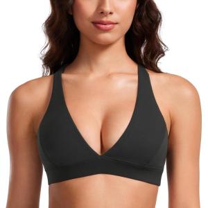 CRZ YOGA Butterluxe Deep V-Neck Sports Bras for Women – Spaghetti Strap Criss Cross Padded Top Low Coverage Wireless Yoga(Black)