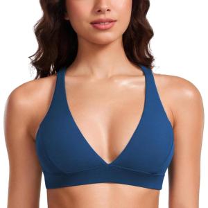 CRZ YOGA Butterluxe Deep V-Neck Sports Bras for Women – Spaghetti Strap Criss Cross Padded Top Low Coverage Wireless Yoga(French Navy)