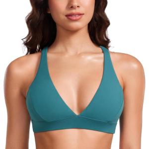 CRZ YOGA Butterluxe Deep V-Neck Sports Bras for Women – Spaghetti Strap Criss Cross Padded Top Low Coverage Wireless Yoga(Green Jade)