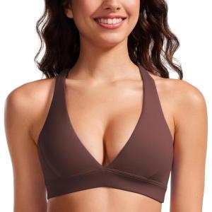 CRZ YOGA Butterluxe Deep V-Neck Sports Bras for Women – Spaghetti Strap Criss Cross Padded Top Low Coverage Wireless Yoga(Taupe)