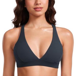 CRZ YOGA Butterluxe Deep V-Neck Sports Bras for Women – Spaghetti Strap Criss Cross Padded Top Low Coverage Wireless Yoga(True Navy)