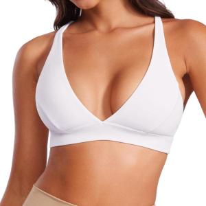 CRZ YOGA Butterluxe Deep V-Neck Sports Bras for Women – Spaghetti Strap Criss Cross Padded Top Low Coverage Wireless Yoga(White)