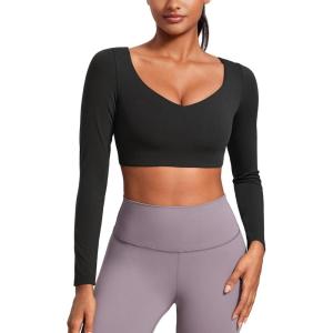 CRZ YOGA Butterluxe Double Lined Long Sleeve Yoga Shirts for Women V Neck Cropped Casual T-Shirt Tight Crop Fitted Tops(Black)