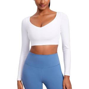 CRZ YOGA Butterluxe Double Lined Long Sleeve Yoga Shirts for Women V Neck Cropped Casual T-Shirt Tight Crop Fitted Tops(White)