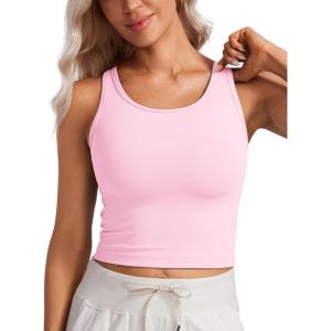 CRZ YOGA Butterluxe Double Lined Tank Tops for Women – Workout Casual Scoop Neck Racerback Crop Sleeveless Shirt(Pink Peony)
