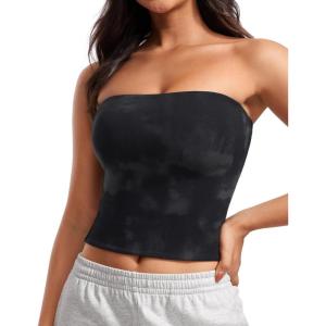 CRZ YOGA Butterluxe Double Lined Tube Tops for Women – Going Out Casual Tank Bandeau Crop Strapless Shirts(Black Tie Dye Flowers)