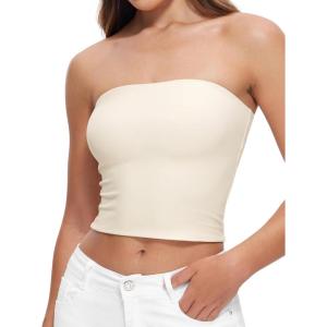 CRZ YOGA Butterluxe Double Lined Tube Tops for Women – Going Out Casual Tank Bandeau Crop Strapless Shirts(White Apricot)