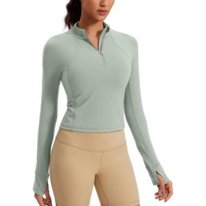 CRZ YOGA Butterluxe Half Zip Long Sleeve Shirts for Women – Workout Athletic Yoga Tops Crop Collared Quarter Zipper T-Shirt(Green Palm Court)