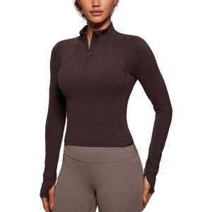 CRZ YOGA Butterluxe Half Zip Long Sleeve Shirts for Women – Workout Athletic Yoga Tops Crop Collared Quarter Zipper T-Shirt(Hot Fudge Brown)