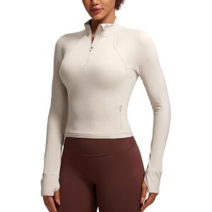 CRZ YOGA Butterluxe Half Zip Long Sleeve Shirts for Women – Workout Athletic Yoga Tops Crop Collared Quarter Zipper T-Shirt(Mojave Tan)