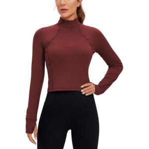 CRZ YOGA Butterluxe Half Zip Long Sleeve Shirts for Women – Workout Athletic Yoga Tops Crop Collared Quarter Zipper T-Shirt(Noctilucence Red)