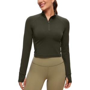 CRZ YOGA Butterluxe Half Zip Long Sleeve Shirts for Women – Workout Athletic Yoga Tops Crop Collared Quarter Zipper T-Shirt(Olive Green)