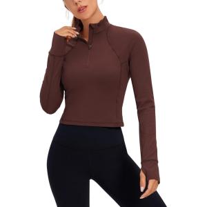 CRZ YOGA Butterluxe Half Zip Long Sleeve Shirts for Women – Workout Athletic Yoga Tops Crop Collared Quarter Zipper T-Shirt(Taupe)