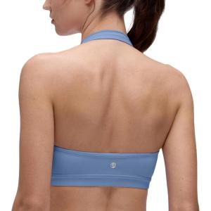 CRZ YOGA Butterluxe Halter Sports Bras for Women – Scoop Neck Padded Open Back Yoga Crop Gym Tops Low Impact(Oasis Blue)