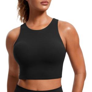 CRZ YOGA Butterluxe High Neck Crop Tank Tops for Women – Racerback Padded Longline Sports Bras Workout(Black)