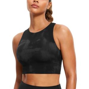 CRZ YOGA Butterluxe High Neck Crop Tank Tops for Women – Racerback Padded Longline Sports Bras Workout(Black Tie Dye Flowers)
