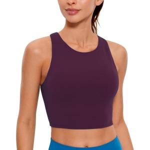 CRZ YOGA Butterluxe High Neck Crop Tank Tops for Women – Racerback Padded Longline Sports Bras Workout(Deep Purple)