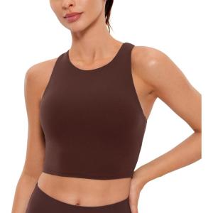 CRZ YOGA Butterluxe High Neck Crop Tank Tops for Women – Racerback Padded Longline Sports Bras Workout(Taupe)