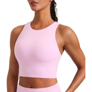 CRZ YOGA Butterluxe High Neck Crop Tank Tops for Women – Racerback Padded Longline Sports Bras Workout(Vita Pink)
