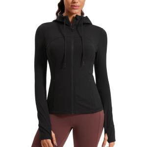 CRZ YOGA Butterluxe Hooded Athletic Jackets for Women – Full Zip Track Casual Tops with Thumb Holes Pockets(Black)