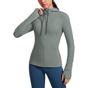 CRZ YOGA Butterluxe Hooded Athletic Jackets for Women – Full Zip Track Casual Tops with Thumb Holes Pockets(Grey Sage)