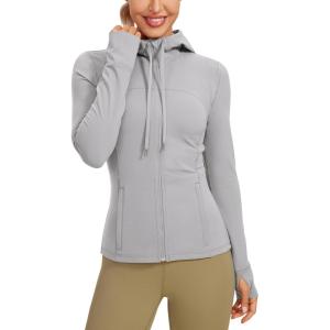 CRZ YOGA Butterluxe Hooded Athletic Jackets for Women – Full Zip Track Casual Tops with Thumb Holes Pockets(Gull Gray)