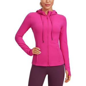 CRZ YOGA Butterluxe Hooded Athletic Jackets for Women – Full Zip Track Casual Tops with Thumb Holes Pockets(Hibiscus Purple)