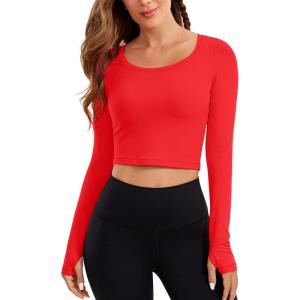 CRZ YOGA Butterluxe Long Sleeve Crop Tops for Women Slim Fit Workout Shirts Cropped Athletic Gym T-Shirts(Deep Red)