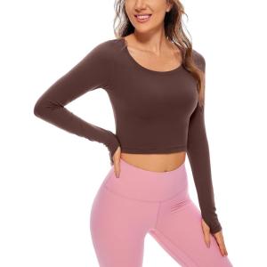 CRZ YOGA Butterluxe Long Sleeve Crop Tops for Women Slim Fit Workout Shirts Cropped Athletic Gym T-Shirts(Taupe)