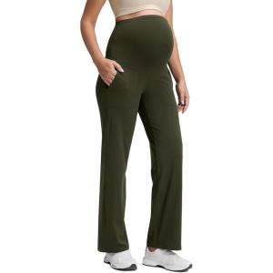 CRZ YOGA Butterluxe Maternity Wide Leg Pants Pockets 31.5″ – Over The Belly Workout Yoga Lounge Womens Pregnancy(Olive Green)