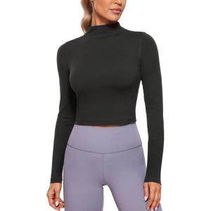 CRZ YOGA Butterluxe Mock Neck Long Sleeve Shirts for Women – Workout Casual Tops Turtleneck Crop Slim Fall Base Layer(Black)