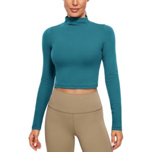 CRZ YOGA Butterluxe Mock Neck Long Sleeve Shirts for Women – Workout Casual Tops Turtleneck Crop Slim Fall Base Layer(Borealis Green)