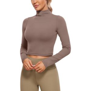 CRZ YOGA Butterluxe Mock Neck Long Sleeve Shirts for Women – Workout Casual Tops Turtleneck Crop Slim Fall Base Layer(Brown Purple)