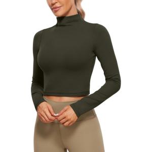 CRZ YOGA Butterluxe Mock Neck Long Sleeve Shirts for Women – Workout Casual Tops Turtleneck Crop Slim Fall Base Layer(Olive Green)