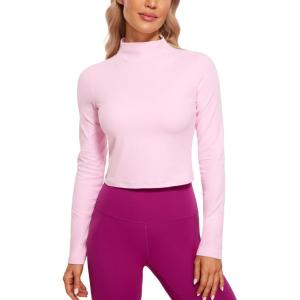 CRZ YOGA Butterluxe Mock Neck Long Sleeve Shirts for Women – Workout Casual Tops Turtleneck Crop Slim Fall Base Layer(Pink Peony)