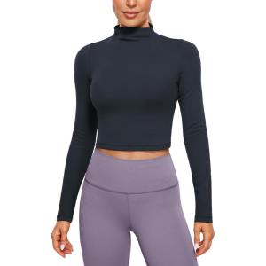CRZ YOGA Butterluxe Mock Neck Long Sleeve Shirts for Women – Workout Casual Tops Turtleneck Crop Slim Fall Base Layer(True Navy)