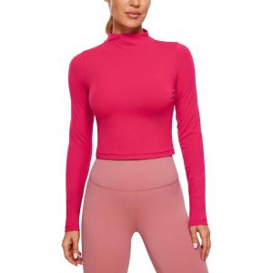 CRZ YOGA Butterluxe Mock Neck Long Sleeve Shirts for Women – Workout Casual Tops Turtleneck Crop Slim Fall Base Layer(Viva Magenta)