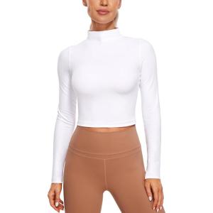 CRZ YOGA Butterluxe Mock Neck Long Sleeve Shirts for Women – Workout Casual Tops Turtleneck Crop Slim Fall Base Layer(White)