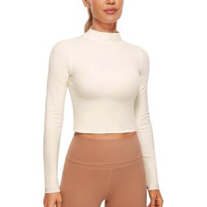 CRZ YOGA Butterluxe Mock Neck Long Sleeve Shirts for Women – Workout Casual Tops Turtleneck Crop Slim Fall Base Layer(White Apricot)