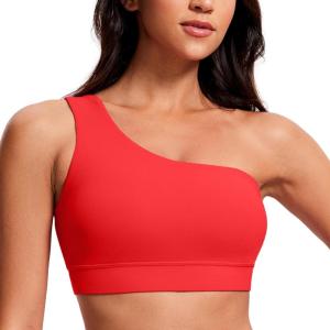 CRZ YOGA Butterluxe One Shoulder Sports Bras for Women – Sleeveless One Strap Low Impact Asymmetrical Workout Yoga Tops(Deep Red)