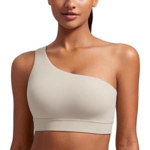 CRZ YOGA Butterluxe One Shoulder Sports Bras for Women – Sleeveless One Strap Low Impact Asymmetrical Workout Yoga Tops(Mojave Tan)