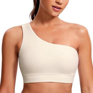 CRZ YOGA Butterluxe One Shoulder Sports Bras for Women – Sleeveless One Strap Low Impact Asymmetrical Workout Yoga Tops(White Apricot)
