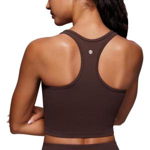 CRZ YOGA Butterluxe Racerback Crop Tank Tops for Women – Padded Y-Back Longline Sports Bras Scoop Neck Workout Yoga(Hot Fudge Brown)