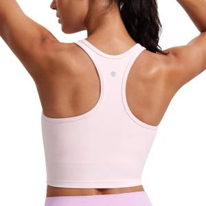 CRZ YOGA Butterluxe Racerback Crop Tank Tops for Women – Padded Y-Back Longline Sports Bras Scoop Neck Workout Yoga(Strawberry Pink)