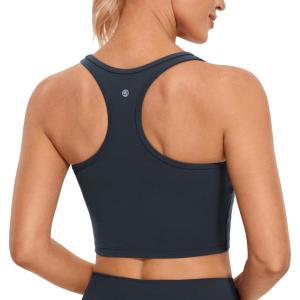 CRZ YOGA Butterluxe Racerback Crop Tank Tops for Women – Padded Y-Back Longline Sports Bras Scoop Neck Workout Yoga(True Navy)