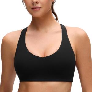 CRZ YOGA Butterluxe Racerback Sports Bras for Women – V Neck Supportive Padded Wireless Athletic Yoga Crop Top(Black)